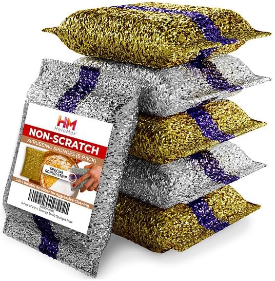 HELOMOR 6 Pack Dish Wash Sponges for Kitchen, Heavy Duty Non Scratch Dish Sponge, Wire Scrub Sponges for Cleaning Cookware, Glass, Countertops, Pans, Pots with Special Scrubbing Strip