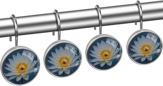 White Lotus Flower Floral Shower Curtain Hooks 12Pcs, Decorative Rust Resistant Shower Rings for Shower Curtain Rods, Stainless Steel Round Curtain Hooks for Bathroom, Bedroom, Farmhouse
