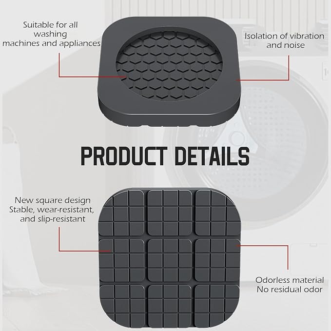 Shock Absorbing Mat-Square, Anti Vibration Pads for Washing Machine, Anti Vibration Pads Prevent Washer & Dryer Moving Shaking Walking, Floor Protector 4 Pack