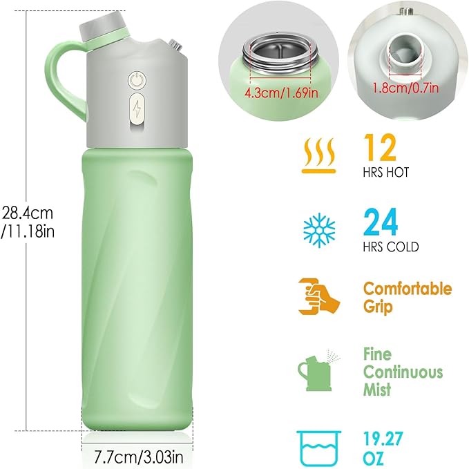 Electric Misting Water Bottle – 2-in-1 Insulated Stainless Steel Bottle with Dual-Speed Cool Mist, 24hr Cold Retention, Leakproof Straw-Free Design for Gym, Hiking, Golf & Beach