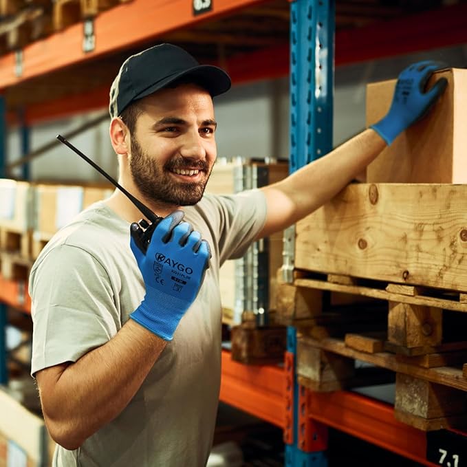 KAYGO Work Gloves for Men and Women, 12 Pairs Seamless Knit PU Coated Safety Gloves, with Smooth Grip on Palm and Fingers, Ideal for Light Warehouse, Manufacturing, Gardening, KG11P (2XL, Blue)