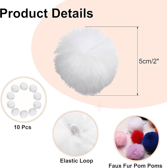 uxcell 2 Inch Faux Fur Pom Pom Balls, 10 Pcs White Fluffy Soft Faux Fur Pom Poms for Hats with Elastic Loop for DIY Knitting Hats Keychain Scarves Gloves Bags Shoes Accessories