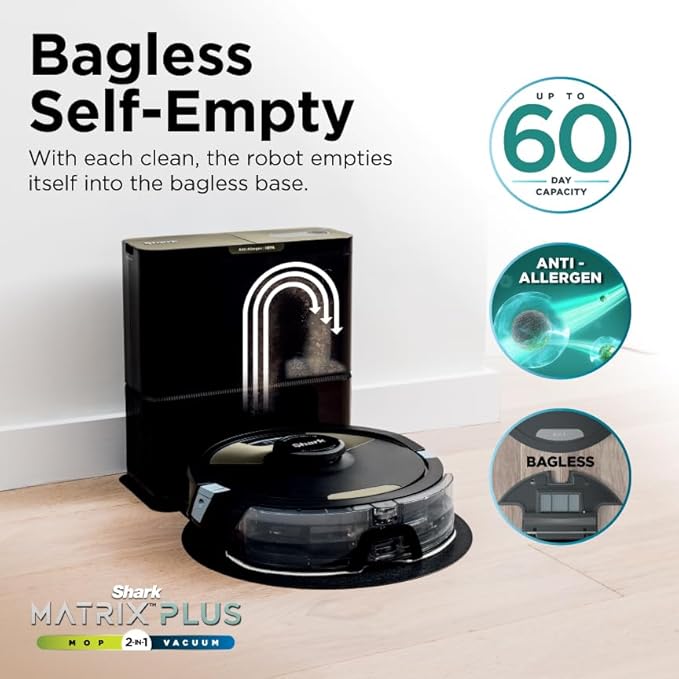 Shark Robot Vacuum & Mop Combo, Powerful Suction, Matrix Plus, 60-Day Debris Capacity, HEPA Bagless Self Empty Base, Sonic Mopping, Home Mapping for Pet Hair - Carpets & Hardfloor, AV2610WA