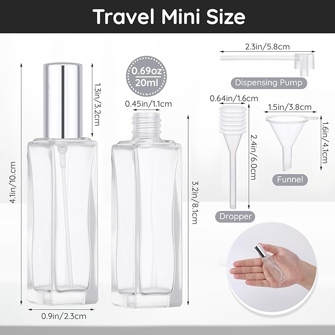 Segbeauty 20pcs 0.69oz Perfume Spray Bottle Refillable, Travel Perfume Atomizer Glass Spray Bottles, 20ml Bulk Mini Travel Cologne Sprayer Empty with Refill Kit, Portable Fragrance Atomizer Sprayer