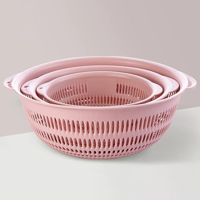 3 Pack Plastic Colander Baskets Mesh Sieve for Rinsing Draining and Air Drying Vegetables Fruits Berries Salad, Diameter 11-inch（Powder)