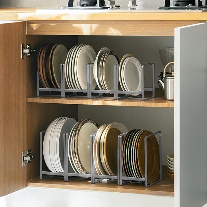 4PCS Plate Holders Organizer, Metal Dish Storage Dying Display Rack for Cabinet, Counter and Cupboard, Grey,2 Small and 2 Large