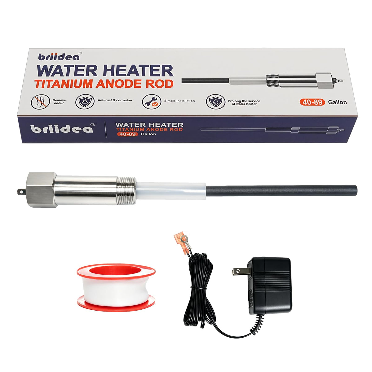 Briidea Powered Anode Rod for Water Heater, 40-89 Gallon Tank - Image 1