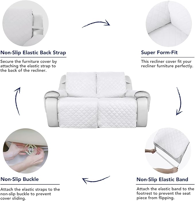 PureFit Water Resistant Reversible Sofa Covers for Reclining Sofa 2 Seat - Non Slip Split Recliner Couch Cover for Double Recliner, Washable Furniture Protector for Kids, Dogs (2 Seat, White/White)