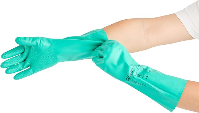 Restaurantware Green Cleaning Gloves 10 Pairs 15 Mil Thick XXL Heavy-Duty Nitrile Gloves With Long Cuff No-Latex Flock Lining For Use In Hospitals, Laboratories, Kitchens and Households