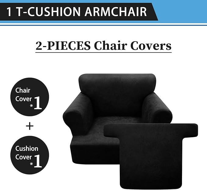 2-Pieces T Cushion Armchair Slipcovers Leather Look Couch Cover Chair Covers Stretch Furniture Protector Sofa Cover with 1 Individual T Cushion Seat Cover Slipcover Sets Washable, Black
