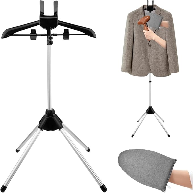 Garment Steamer Stand with Rotating Hanger & Heat-Resistant Glove - Adjustable Aluminum Alloy Ironing Rack for Pants, Jeans, Dresses - Folding Steamer Holder for Clothes(Color:Black)