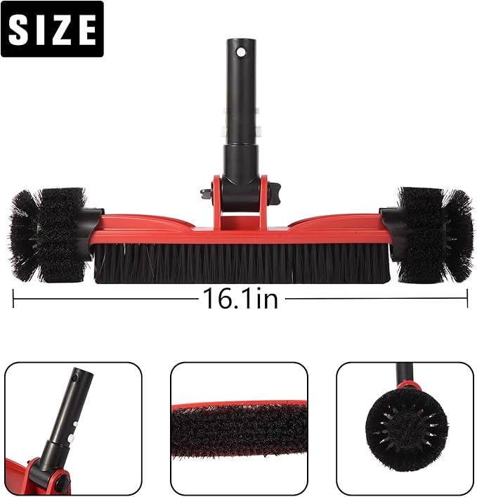 Pool Brush Head with Round Ends, Heavy Duty Pool Brushes for Cleaning Pool Walls, Floors Steps & Corners, 16" Pool Brush with Sturdy Aluminum Handle & Durable Nylon Bristles