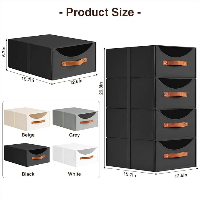 Closet Organizers and Storage - Large Stackable Storage Bins with Drawer, Fabric Bins for Organization, Collapsible Storage Drawers Organizer for Bedroom, Living Room, 4 Pack, Black