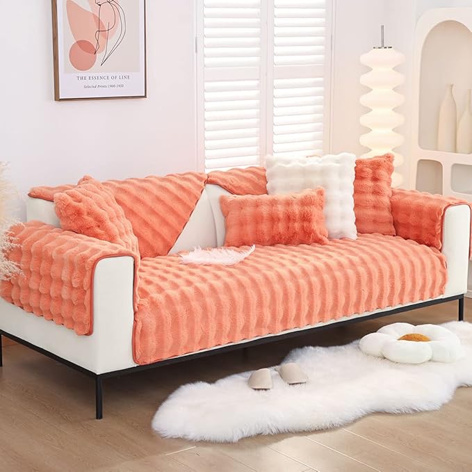 Soft Warm Faux Fur Couch Sofa Cover Thick Shaggy Fuzzy Sectional Couch Cover Non-Slip Solid Color Plush Sofa Slipcover Furniture Protector for Kids, Pets (Light Orange,36"x63")