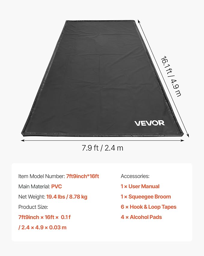 VEVOR Containment Mat, 7 ft 9 in x 16 ft, Non-Slip PVC Garage Floor Mat with a Cleaning Squeegee, Heavy Duty Durable Waterproof Containment Protection from Snow, Rain and Mud for Cars Parking, Black