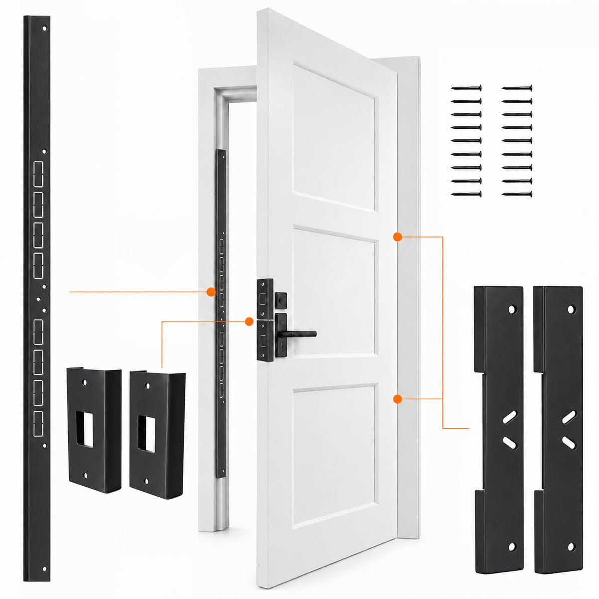 5-Piece Door Reinforcement Kit, 46" Steel Anti Kick-in Set, Black - Image 1