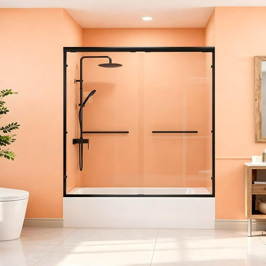 Bathtub Shower Door, 56-60" W x 57" H Semi-Frameless Bypass Double Sliding Tub Door with 1/4 inch Clear Tempered Glass for Walk in Shower, Matte Black