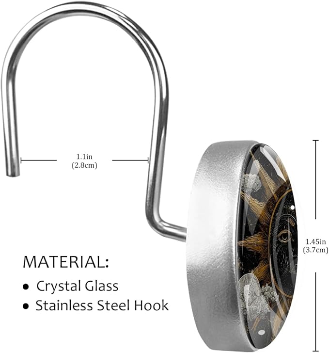 Vintage Boho Sun Shower Curtain Hooks, 12Pcs Abstract Rust Resistant Shower Rings for Shower Curtain Rods, Stainless Steel Round Curtain Hooks for Bathroom, Bedroom, Farmhouse