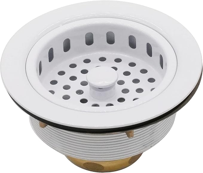 Westbrass D2165-50 Post Style Large Kitchen Basket Strainer with Waste Disposal Flange and Stopper, Powder Coat White
