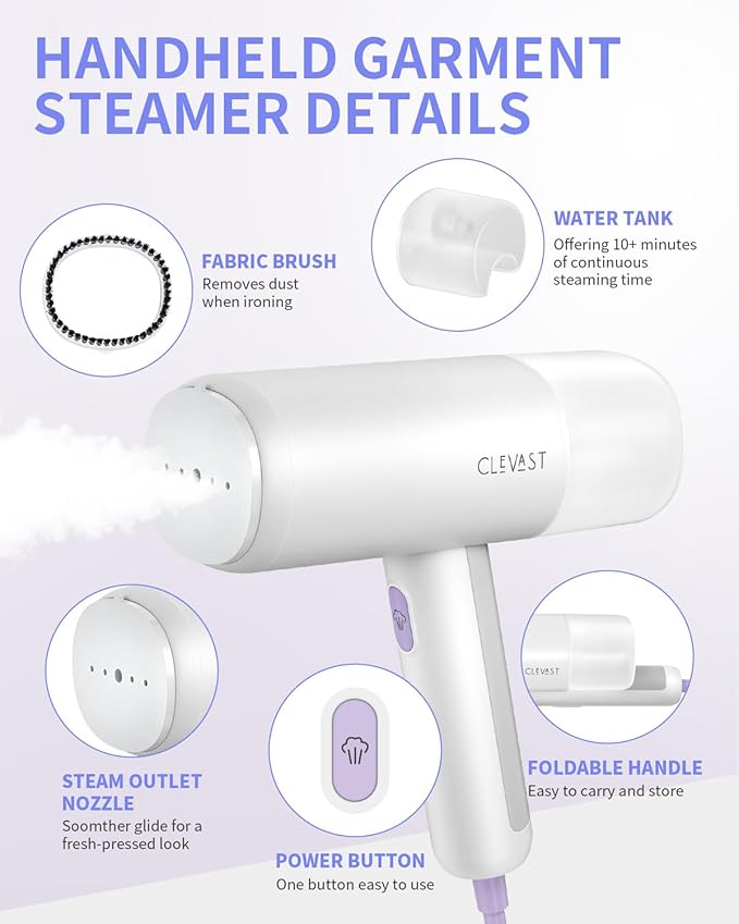 CLEVAST Handheld Steamer for Clothes, Foldable Travel Steamer with Portable Size, 20 Second Fast Heat-up, 1200W Garment Steamer -150ml Fabric Wrinkle Remover with Brush for Home and Office, 120V Only