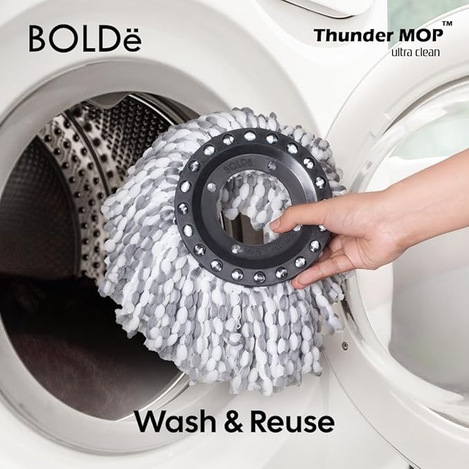 Thunder MOP Spin System - Ultra Clean - Single Bucket Microfiber Head, Stainless Steel Wringer, Antifungal Quick-Dry Cleaning, Soap Dispenser, 3 Free Refills (Black/White)