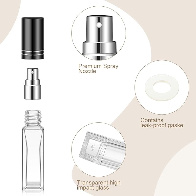 Domensi 60 Pcs 10/20/30 ml Perfume Travel Refillable Bottles Glass Spray Bottle Perfume Atomizer for Cologne Dispenser Leak-proof Fragrance Bottles Atomizer Pump Bottle Kit (Gold, Silver, Black)