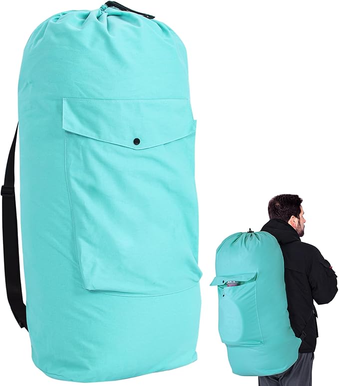 Sanlykate Canvas Backpack Laundry Bag - Extra Large Durable Dirty Clothes 2-3 Days Capacity with Adjustable Shoulder Strap & Front Pocket, for College Dorm, Apartment, Laundromats, Camping Travel