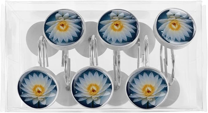 White Lotus Flower Floral Shower Curtain Hooks 12Pcs, Decorative Rust Resistant Shower Rings for Shower Curtain Rods, Stainless Steel Round Curtain Hooks for Bathroom, Bedroom, Farmhouse