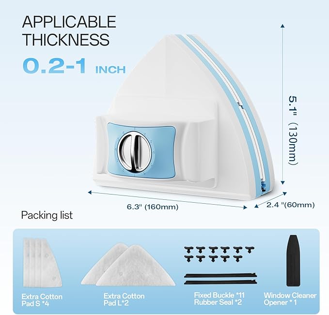 Magnetic Window Cleaner Tool Glass Wiper, Double Sided Windows Glass Cleaner Adjustable Windshield Cleaner with 2 Pc Grey Microfiber Cleaning Clothes for High-Rise 0.2-1 Inches Glazed Windows