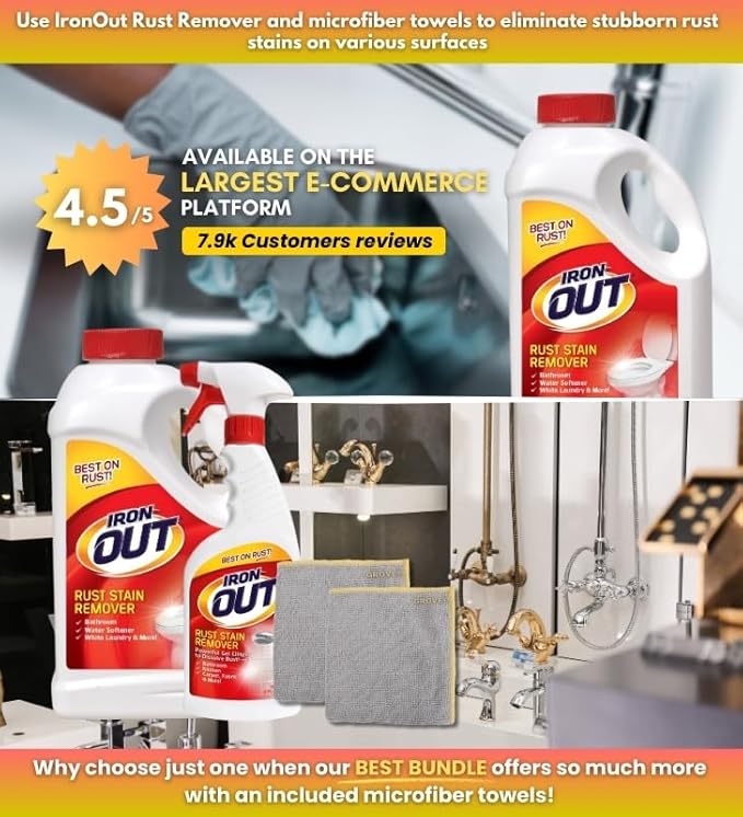 Iron Out Rust Remover Spray 16 oz + 28 oz Powder Bundle with Microfiber Cloth - Rust Stain Remover - Hard Water Toilet Stain Cleaner - Dissolves Rust on Tubs, Sinks, and Showers - (4 Items)