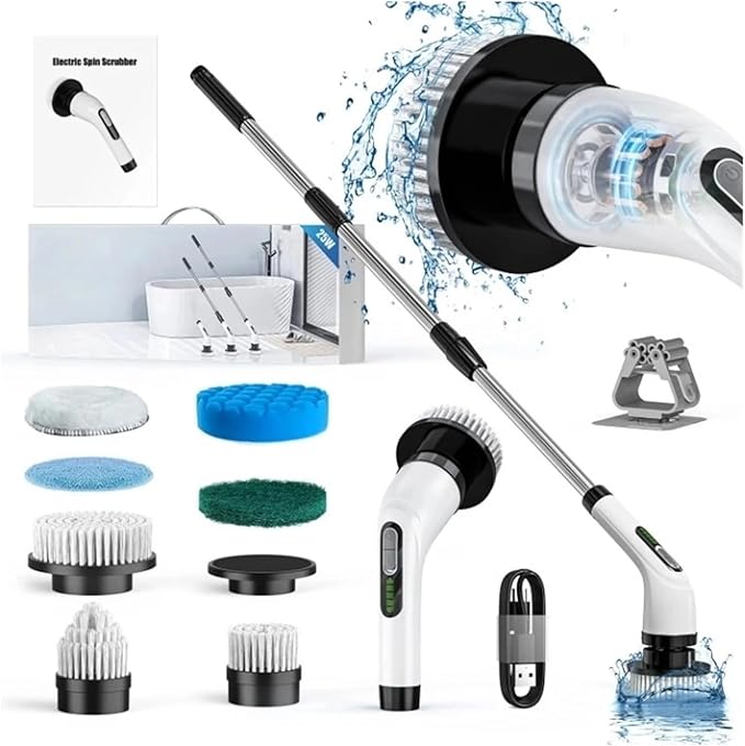 Electric Cleaning Brush Cordless Handheld Shower Scrubber Spin Cleaner Multifunctional Cleaner with 7PCS Heads Bathroom Kitchen(Black and White)