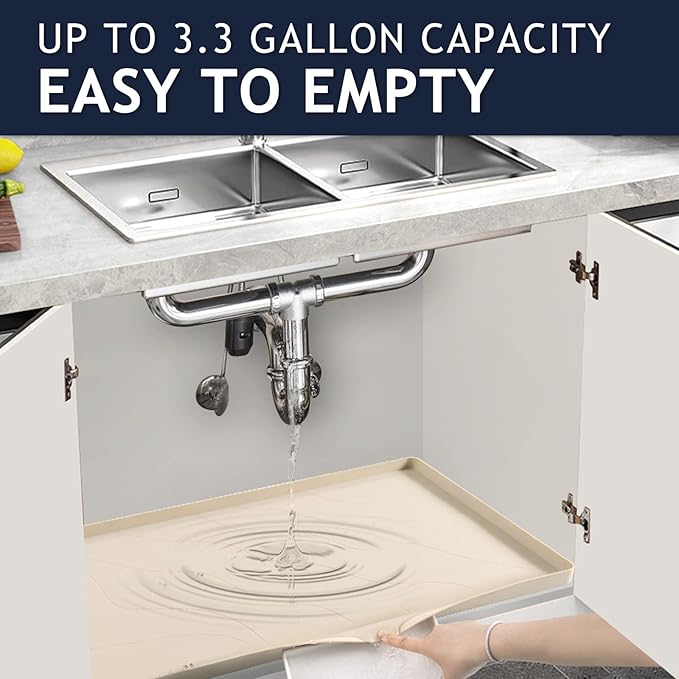 Heavy Duty Silicone Under Sink Mats for Kitchen Waterproof 22" x 22", Extra Thick Under Sink Rubber Mat Drip Tray, Raised Edge Under Sink Liner,Prevent Drips, Leaks, Spills,Taupe