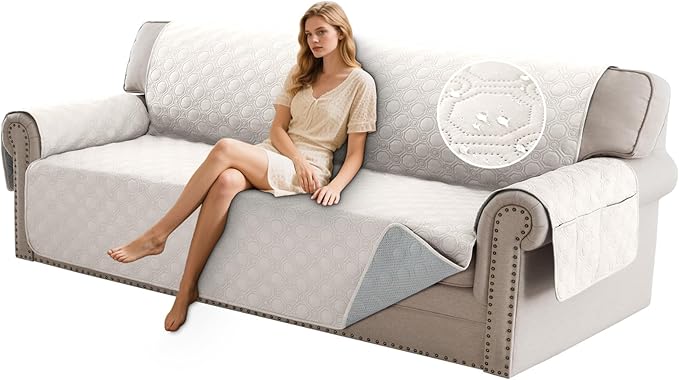 PrinceDeco Oversized Couch Cover for 3 Cushion Couch Extra Large Sofa Cover for Dogs Water Proof Furniture Protector Cover with Elastic Straps for Pet (Oversized Sofa, Beige)