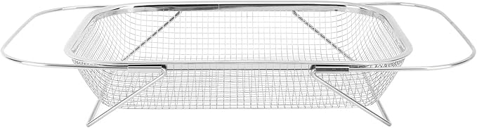 JTLB Over The Sink Colander Strainer Basket Stainless Steel for Kitchen Sink with Handles Fine Mesh Expandable Kitchen Essentials Rectangle (Silver)