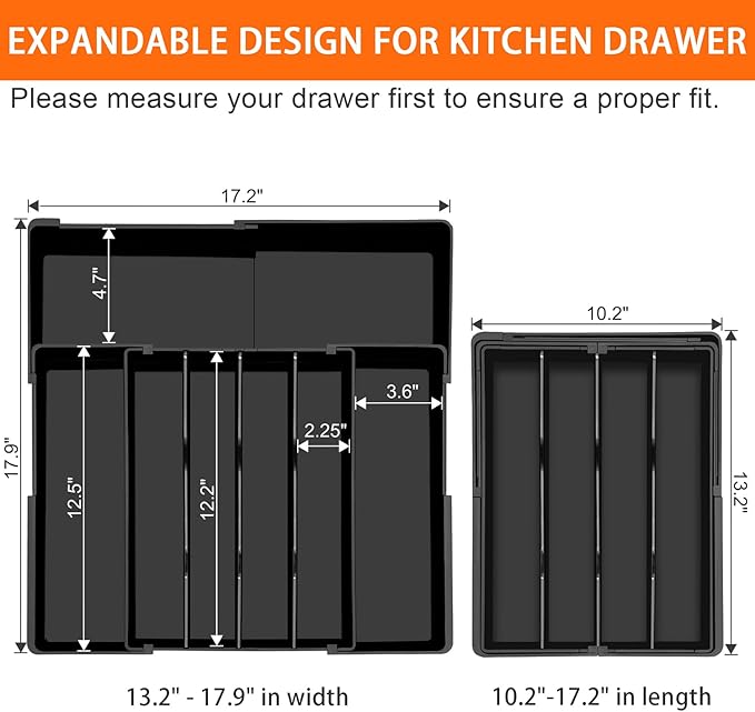 Large Kitchen Silverware Organizer - Expandable 17.2" x 17.9" Adjustable Drawer Tray, 4-7 Compartments for Maximum Storage, BPA-Free, Black,L