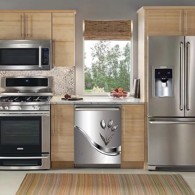 Generic Stainless Steel Effect Kitchen Decoration Dishwasher Cover Magnetic,Metal Flower Pattern Refrigerator Decor Magnet Sticker, Dishwasher Panel Decal, 23"" x 26"" Magnetic, Rimyy111-2