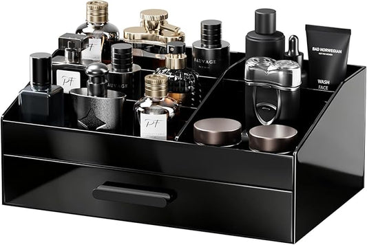 ProCase Cologne Organizer for Men with Drawer, Acrylic Perfume Holder & Bathroom Countertop Organizer for Men & Women, Dresser Vanity Storage for Cologne, Perfume and Skincare -1 Layer