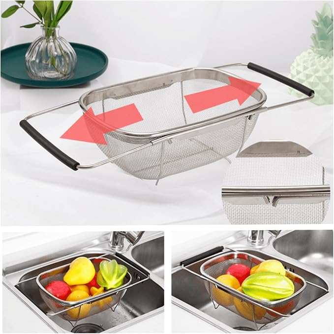 4qt Stainless Steel Oval Strainer Basket Colander, Over The Sink Colander Fine Mesh Expandable, Colander For Kitchen Sink, Vegetables, Strain, Drain, Rinse Fruits (6 Quart Strainer Basket)