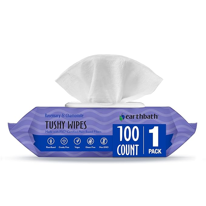 earthbath, Rosemary & Chamomile Tushy Wipes - Dog Wipes for Paws and Butt, Pet Wipes for Dogs & Cats, Made in USA, Cruelty-Free Dog Cleaning Wipes, Helps Neutralize Odors - 100 Count (1 Pack)