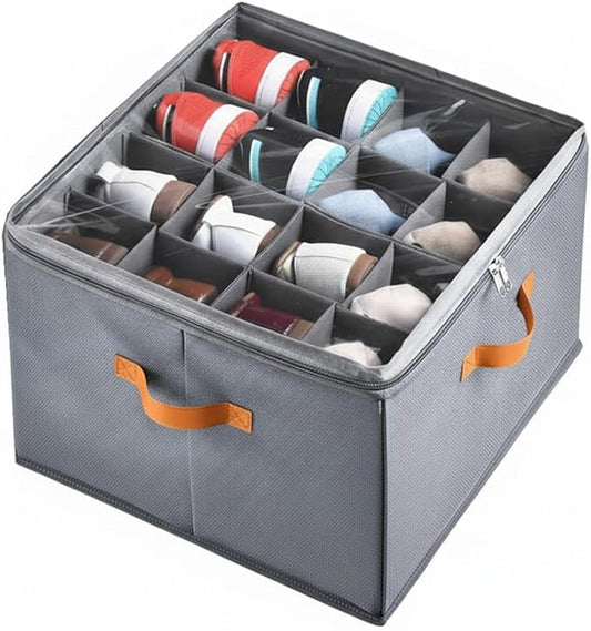 Foldable Shoe Organizer Box for Closet & Under-Bed, Adjustable Dividers, Holds up to 16 Pairs, Stackable, Gray with Clear Cover & Leather Handles, 17x17x12 inch