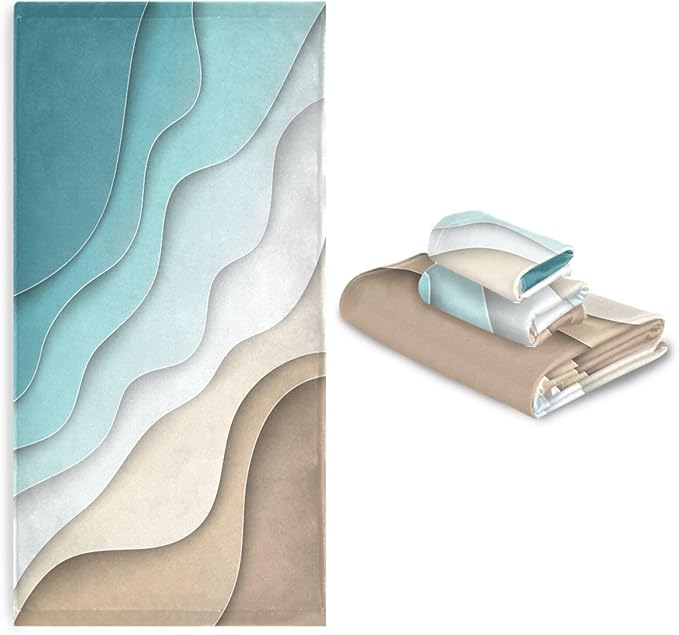 Turquoise Brown Cream Gradient Bath Towels Set,Ultra Soft 3 Piece Abstract Beach Theme Ocean Towels for Bathroom,1 Bath Towel 1 Hand Towel 1 Washcloth,Absorbent Decoractive Bathroom Towels