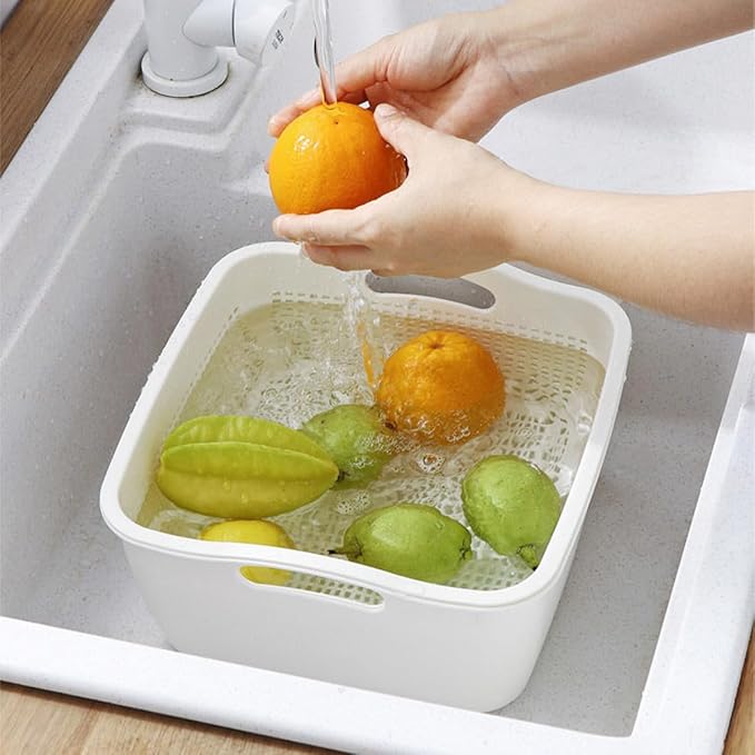 Double-layer Plastic Fruits Vegetable Washing Basket Food Storage Multi-layer Stackable Vegetable Sinks Wash Drain Basket for Kitchen (White)