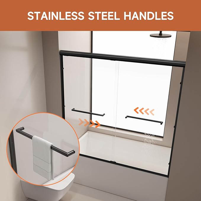 Bathtub Shower Door, 50-60" W x 57" H Shower Glass Door, Semi-Frameless Double Sliding Bathroom Tub Shower Door with 1/4 inch Clear Tempered Glass, Black
