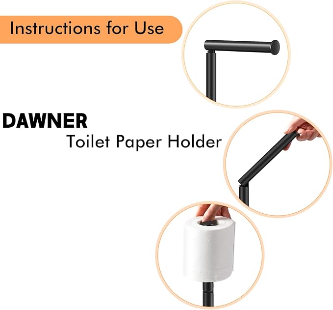 DAWNER 24" Black Toilet Paper Holder Free Standing, Stainless Steel Rustproof Toilet Paper Stand with Storage, Stable Heavy Weighted Flat Base for Apartment, Bathroom, Kitchen, Matte Black Finish