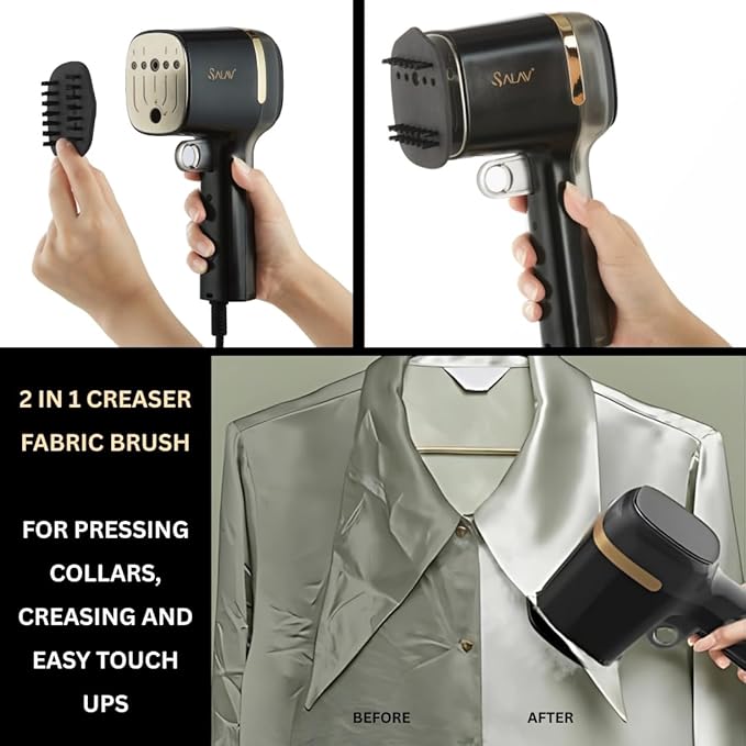SALAV® Quicksteam Portable Travel Hand Held Garment Steamer for Clothes, 10 seconds Fast Heating Time, Removes Wrinkles on Clothes and Fabrics, No Drip Steam, Stainless Steel Plate