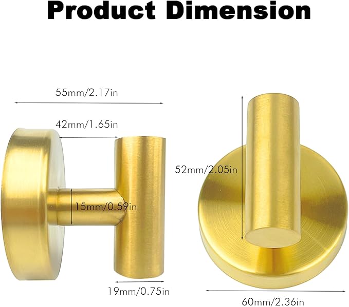 Suction Cup Shower Towel Hooks, Wall Mount Robe Holder, Heavy Duty No Drill Wall SUS304 Waterproof Stainless Steel Hooks for Bedroom, Bathroom, Kitchen, Hotel and Office (2*Brushed Golden)