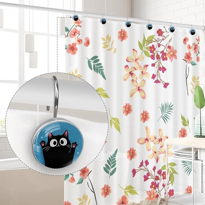 12 Packs Black Happy Cat Shower Curtain Hooks, Stainless Steel Glass Shower Curtain Rings for Bathroom, Rustproof Metal Curtain Rod Hooks