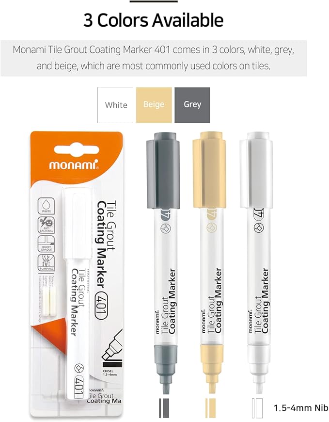MONAMI Tile Grout Coating Marker 401, Chisel Tip (1.5~4mm), Repair Marker with Replaceable Nib Tips to Restore Grout Lines, White, 1 Marker + 2 Extra Tips