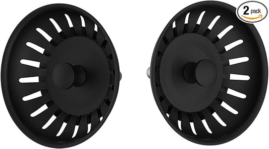 KANARY Stainless Steel Kitchen Sink Strainer Basket-Replacement for Standard Drains(3-1/2 inch)-Ball-Lock Rubber Stopper (2-Pack, Matte Black)