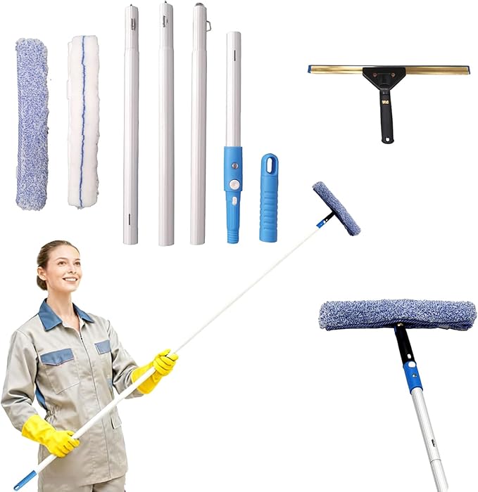 Window Cleaning Kit,Window Washing Kit with 4.13Ft Extension Pole,Window Cleaner Tool with 4 Stage Telescoping Pole, A Silicone Scraper and 2X Microfiber Scrubber Sleeves